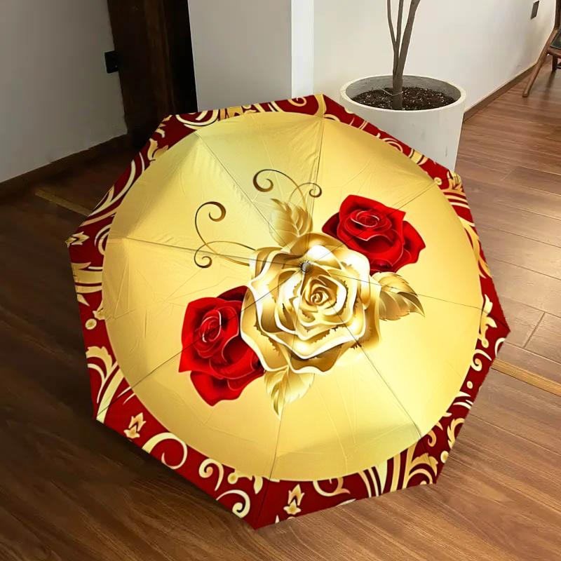 

Golden Rose Design Automatic Opening/Closing Umbrella with Elegant Red and Gold Pattern - Portable Folding Design, 8-Rib Iron Frame Outdoor