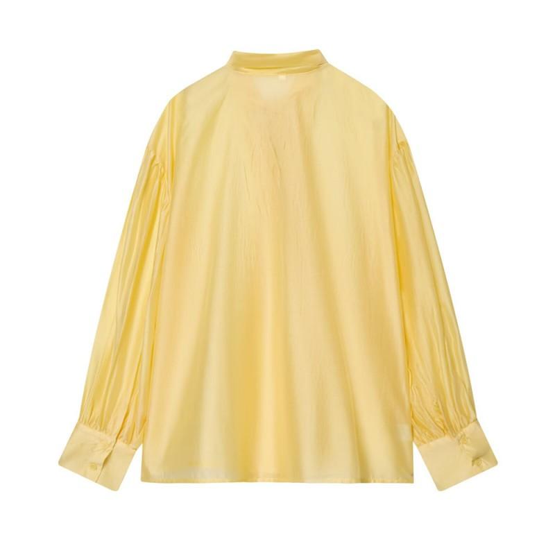 Womens Solid Color Long Sleeve Blouse With Bow Tie Collar Loose Fit Office Casual Shirt