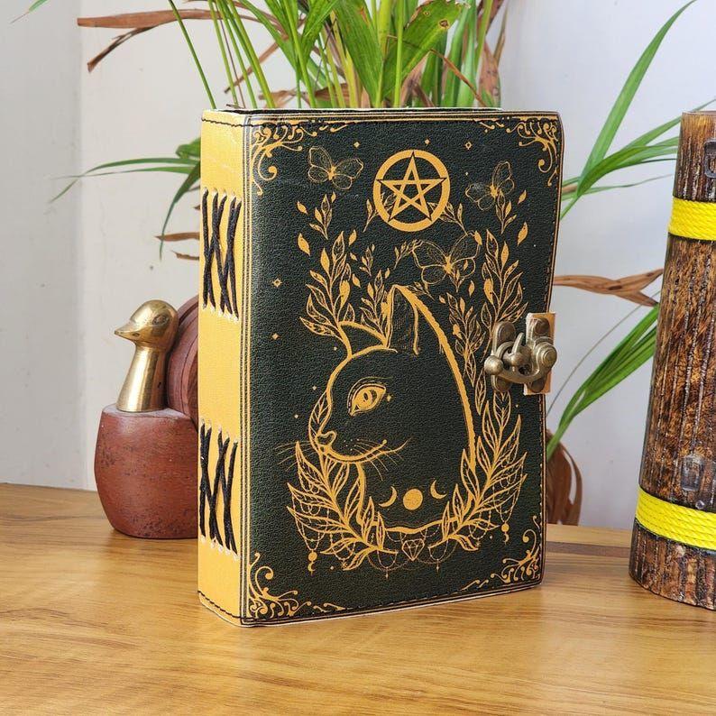 Caltic Cat Leather Printed Notebook for Women's and Man, Handmade Leather Journal Perfect Gift for Birthday, Book of Shadows, Grimoire