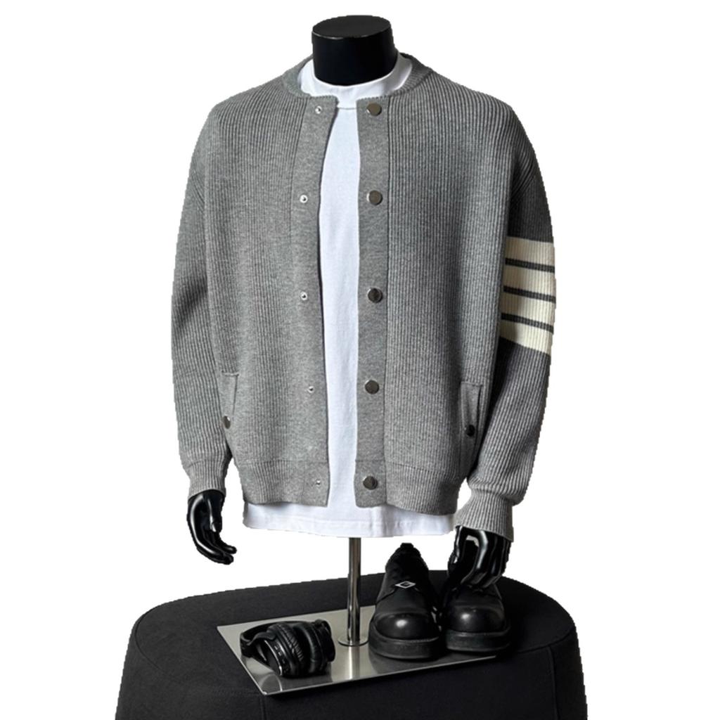 Grey Baseball Collar Knitted Sweater Jacket Men's Autumn and Winter Wear High-end Top Trendy Brand Loose Striped Cardigan Sweater