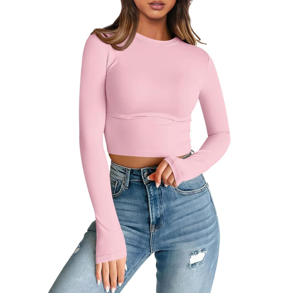 Women's Fashion Neckless T-Shirt Basic Slim Color Long Sleeve Top