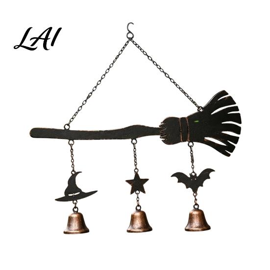 Home Aesthetic Hanging Decor Halloween Broomstick Witch Bells Vintage Gothic Metal Wind Decorative Pendant for Patio Chime Door Wall Window