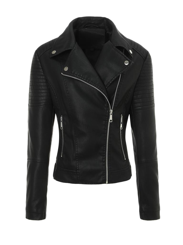Women's washed leather retro style PU coat retro leather jacket lapel zipper quilted body jacket women