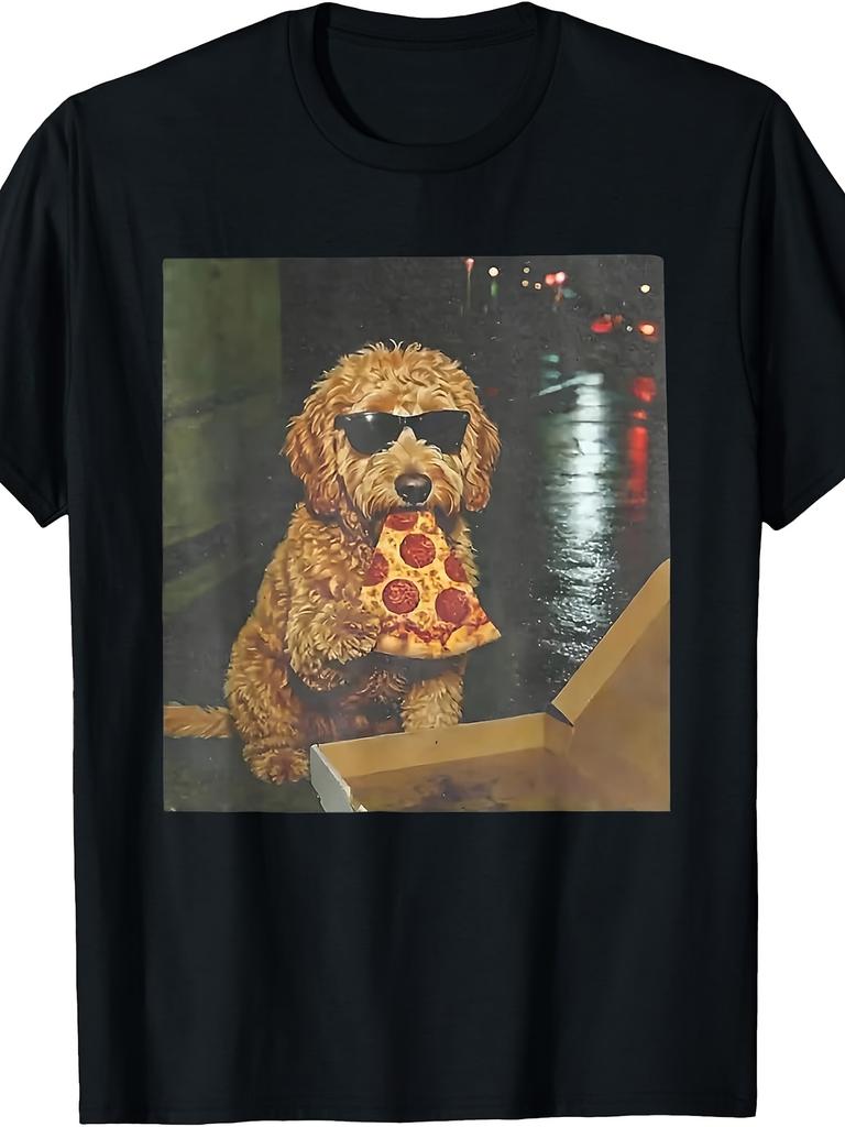 Dog Eating Pizza Funny Goldendoodle Meme T-Shirt Plus Size Retro Casual Round Neck Printed T-Shirt Unisex