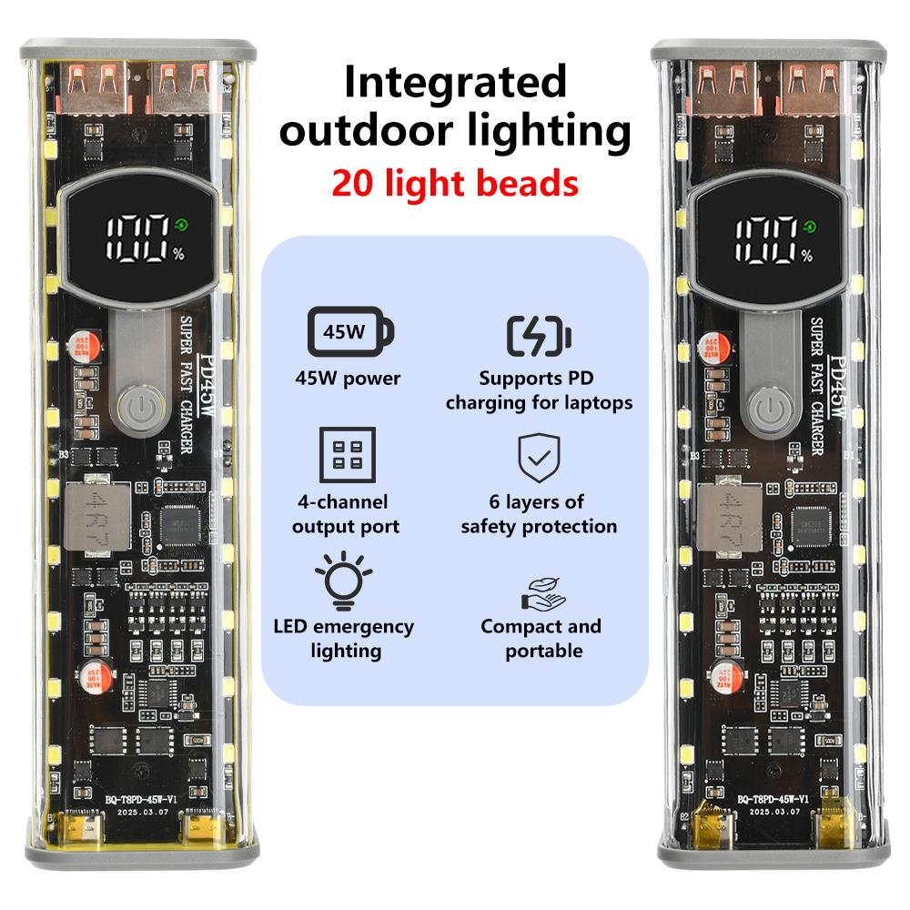 8x18650 Solderless Battery Case PD45W Super-Fast Charging Portable Power Bank Housing With Integrated Outdoor Lighting