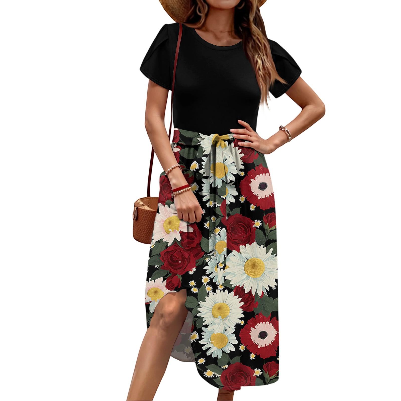 

Женское повседневное платье миди с милым узором и круглым вырезом, классическое повседневное свободное платье с коротким рукавом L чёрный