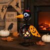 Fall Harvest Decorations Halloween Metal Crow Pumpkin Figurine, Wrought Iron Raven Statue with Witch Hat, Spooky Decor LED Candle Holder