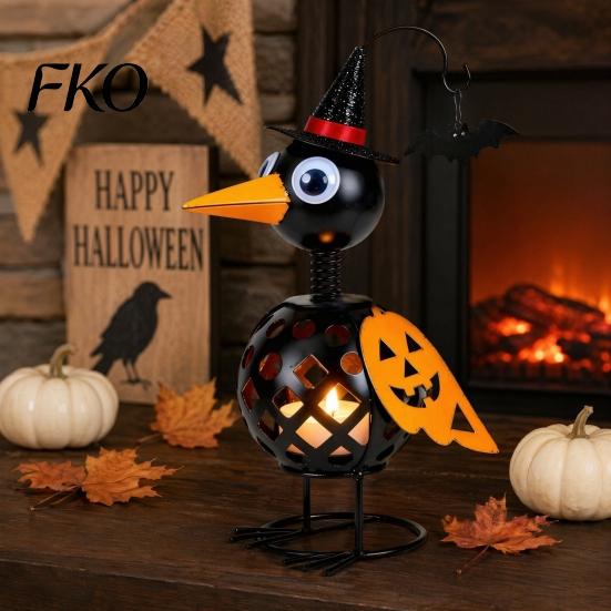 Fall Harvest Decorations Halloween Metal Crow Pumpkin Figurine, Wrought Iron Raven Statue with Witch Hat, Spooky Decor LED Candle Holder