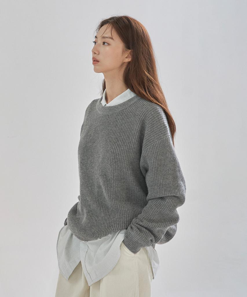 BASIC HOUSE Uni Ribbed Semi-Overfit Round Neck Knit Melange Grey Lwkt7103