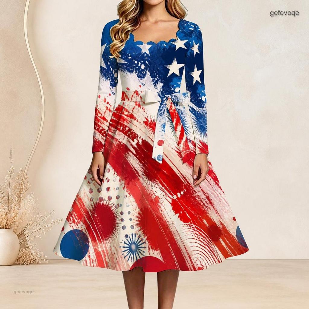 Women Plus Size Square Neck Long Sleeve Starry Printed Navy A Line Dress With Belt