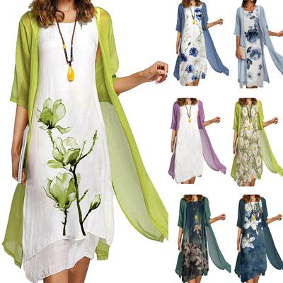 2025 Summer New Women's Casual Dress Two-Piece Set Printed Round Neck Slim-Fit Long Dress