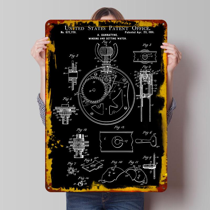 Watch Patent Metal Poster Customized Wall Art Retro Vintage Tinplate Signs for Desk Decor Room Decoration Garage Decorations