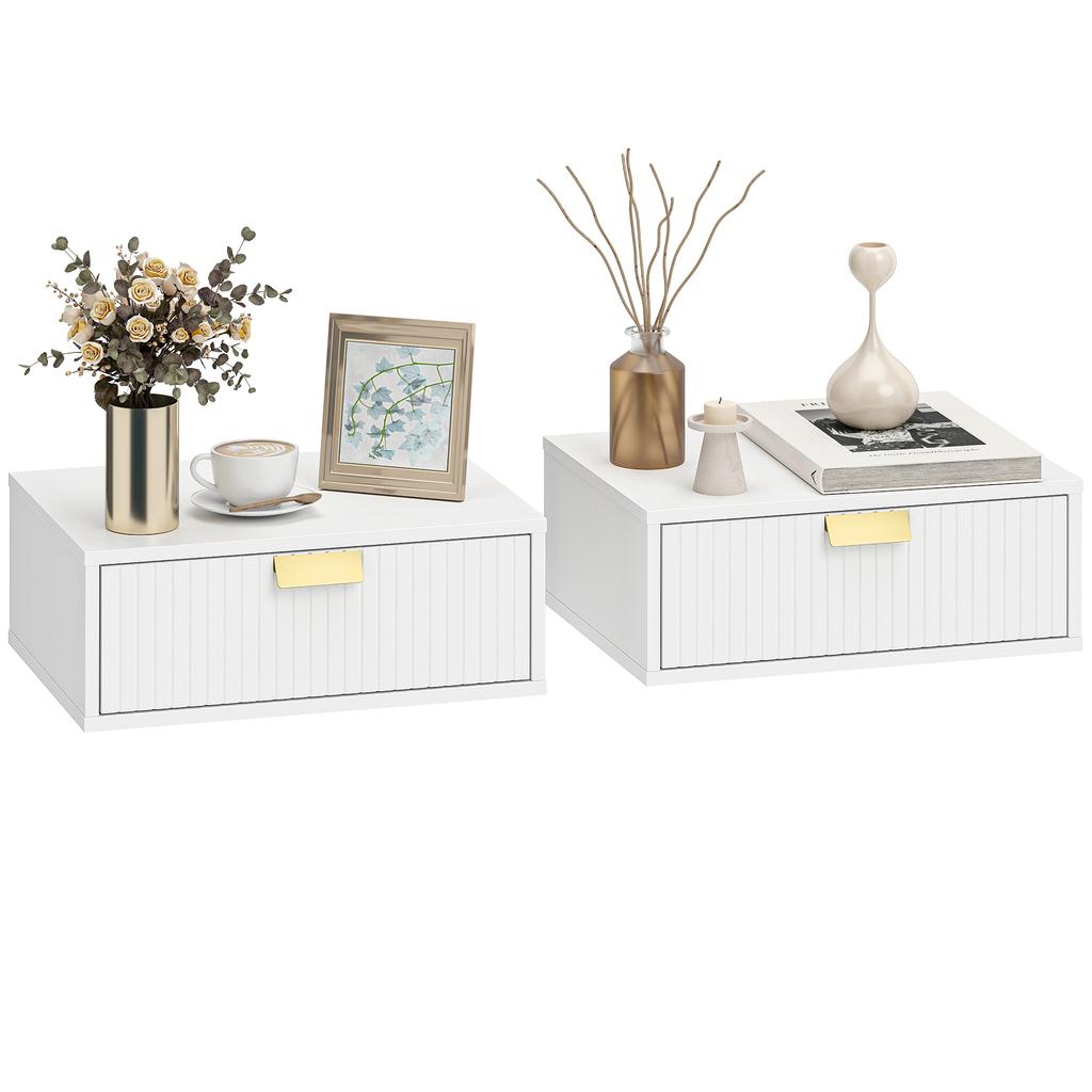 Set of 2 Wall-Mounted Nightstands, Wavy Drawer, 40x30x15 cm, White