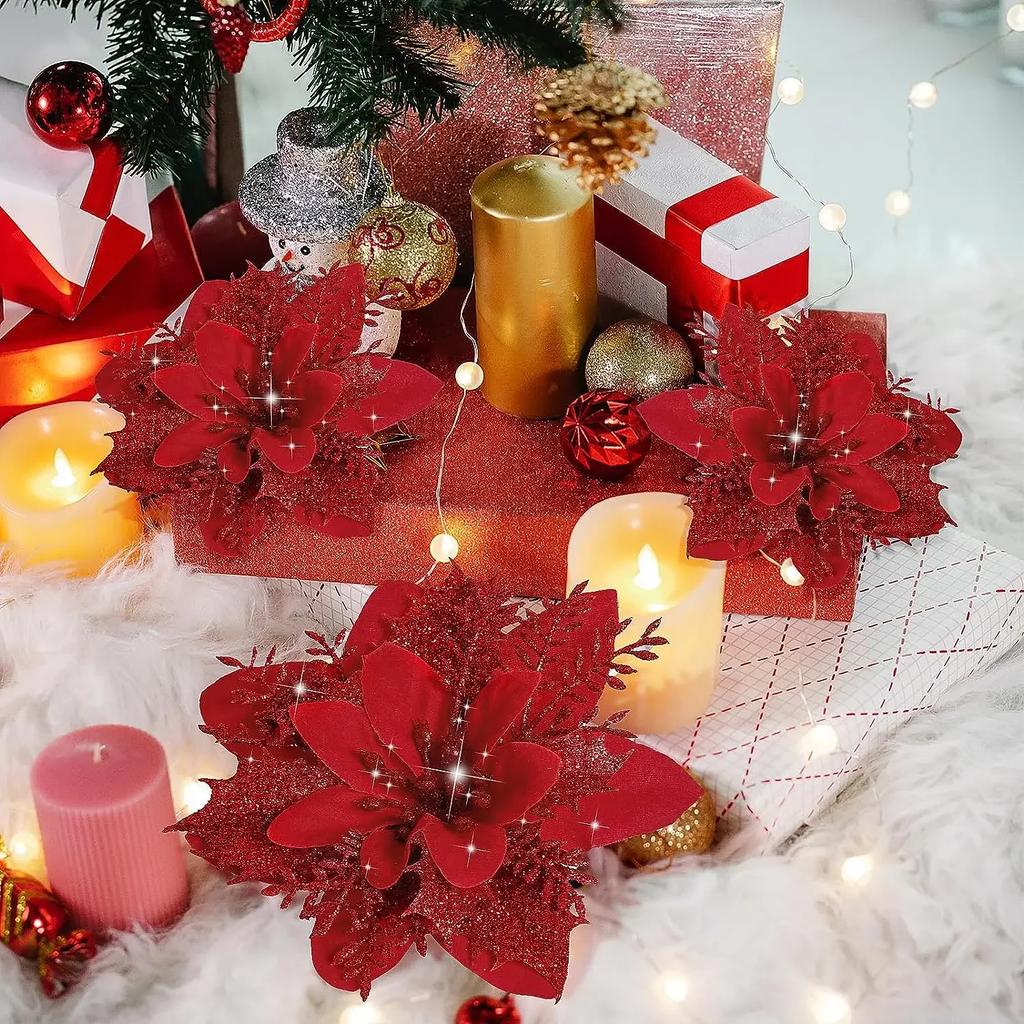 Christmas Artificial Flowers Gold Red Glitter Poinsettia with Clips Xmas Tree Ornaments DIY Wreath Wedding New Year Decorations