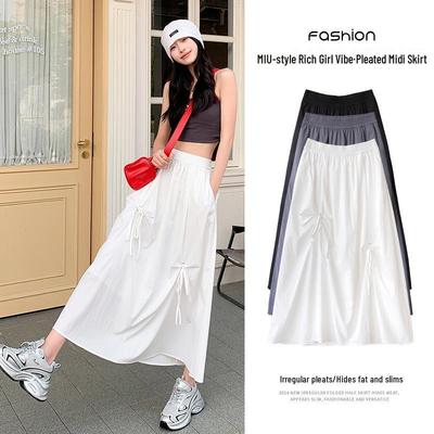 2025 New White Irregular Midi Skirt: High Waisted, Slimming, Pleated, Rich Girl Style for Petite Women