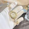 Roman-Scalped Quartz Bracelet Watch Diamond Embedded Adjustable Vintage Round Ladies Watches Gemstone Flower Clasp Alloy Case
