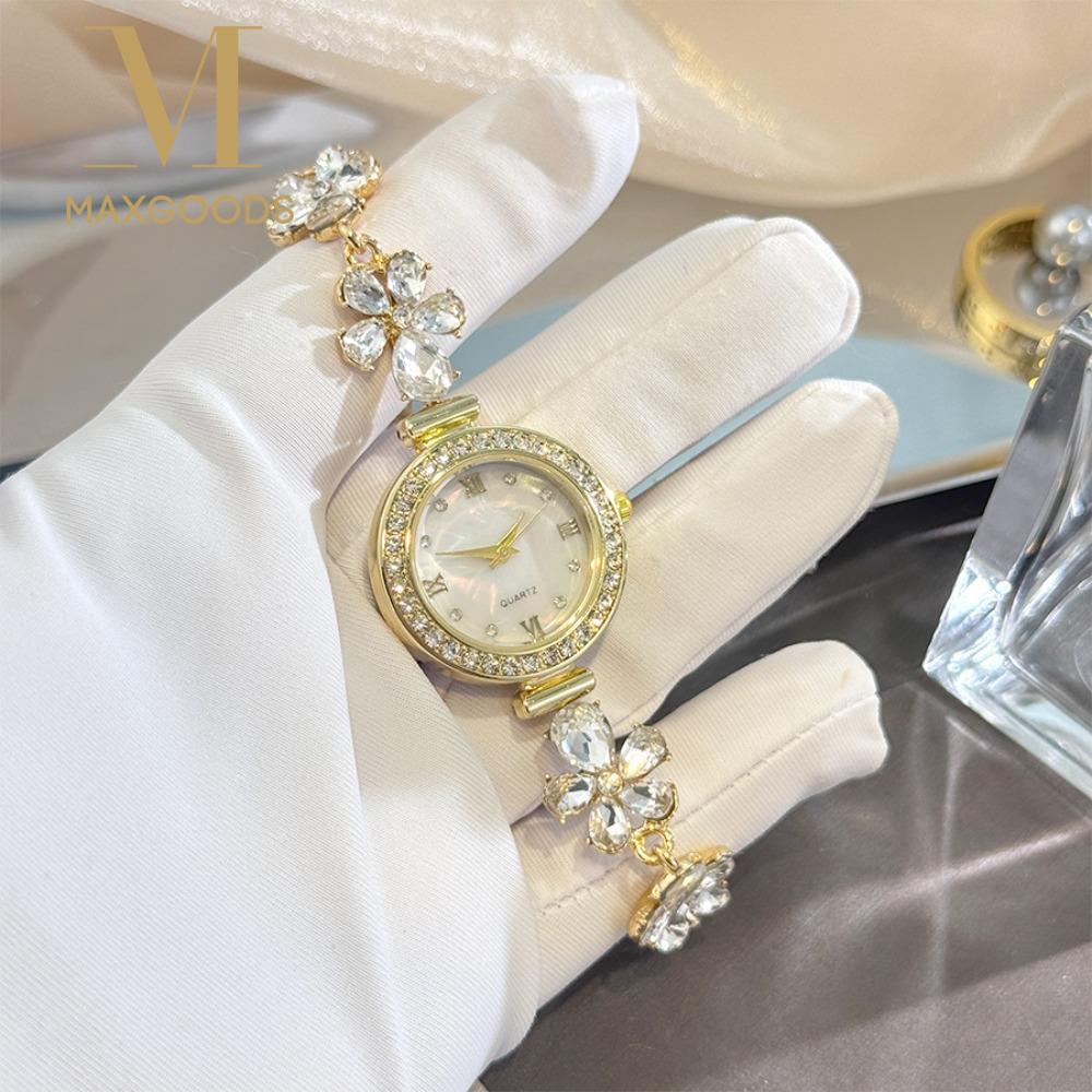 Roman-Scalped Quartz Bracelet Watch Diamond Embedded Adjustable Vintage Round Ladies Watches Gemstone Flower Clasp Alloy Case