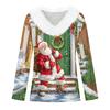 Women's Christmas Print Long Sleeve V-Neck Top with Plush Collar and Patchwork Design
