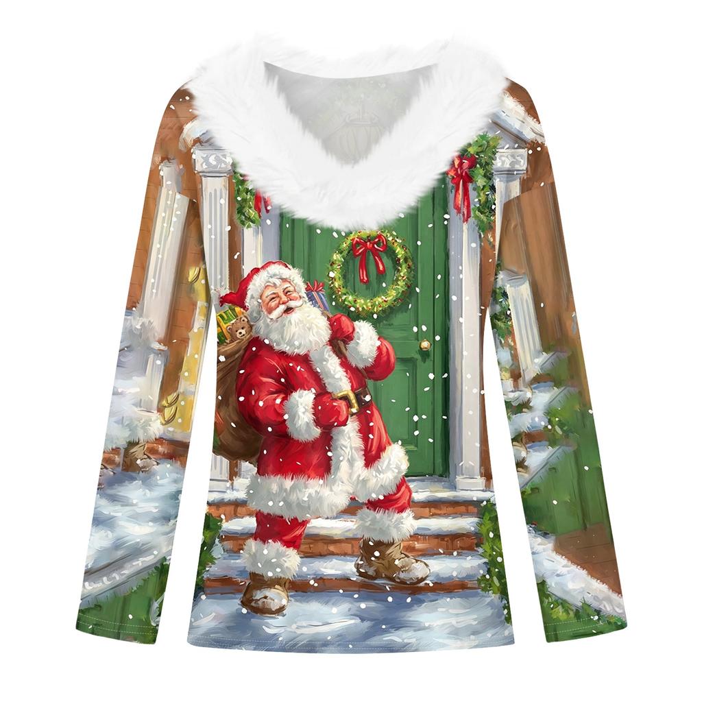 Women's Christmas Print Long Sleeve V-Neck Top with Plush Collar and Patchwork Design