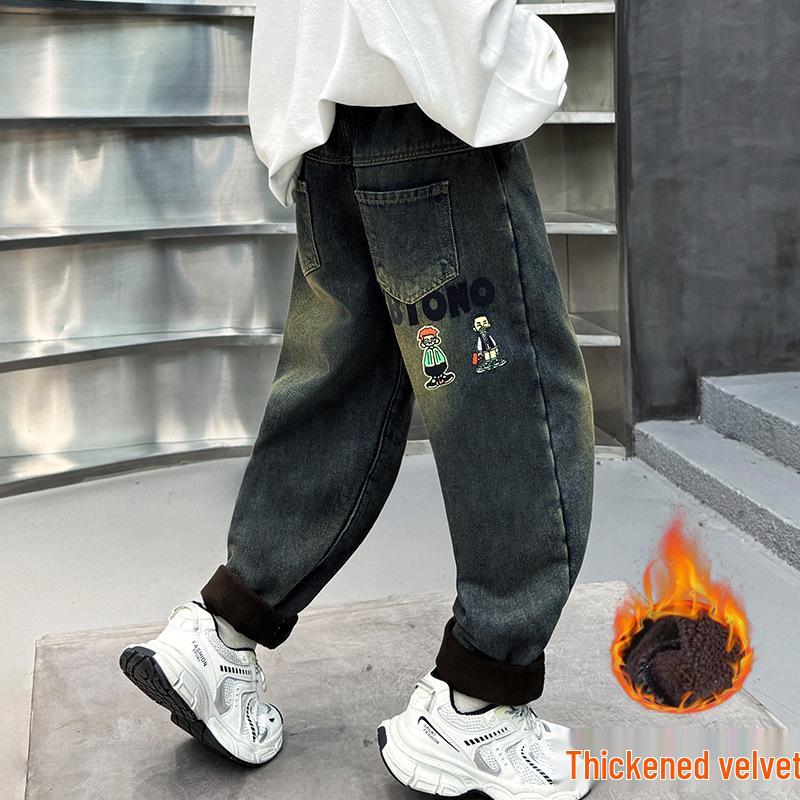 Modne dżinsy chłopięce w stylu ulicznym, z podszewką polarową, Kolekcja 2025, Długie spodnie dla starszych dzieci