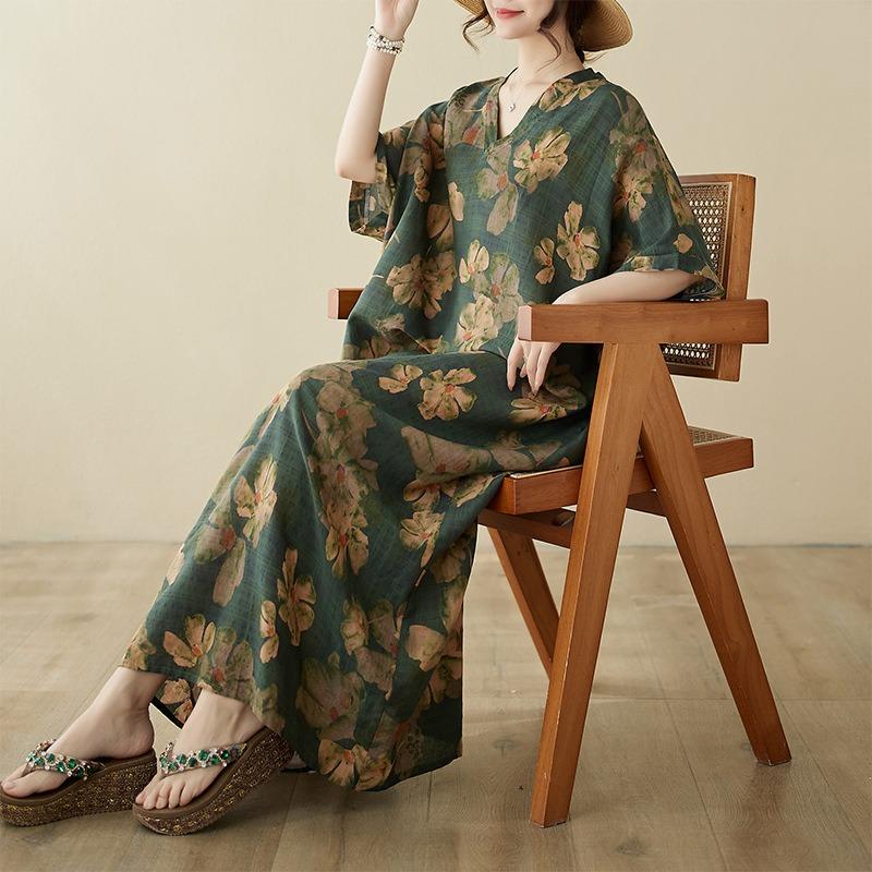 Real Shot Summer Thin Cotton and Linen V-neck Large Size Loose Vacation Wind Beach Dress Retro Medium and Long Dress Women