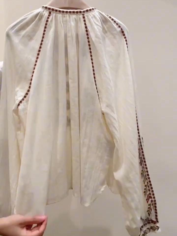 2026 Early Spring Women's French Ethnic Embroidered Pure Cotton Shirt with Long Lantern Sleeves