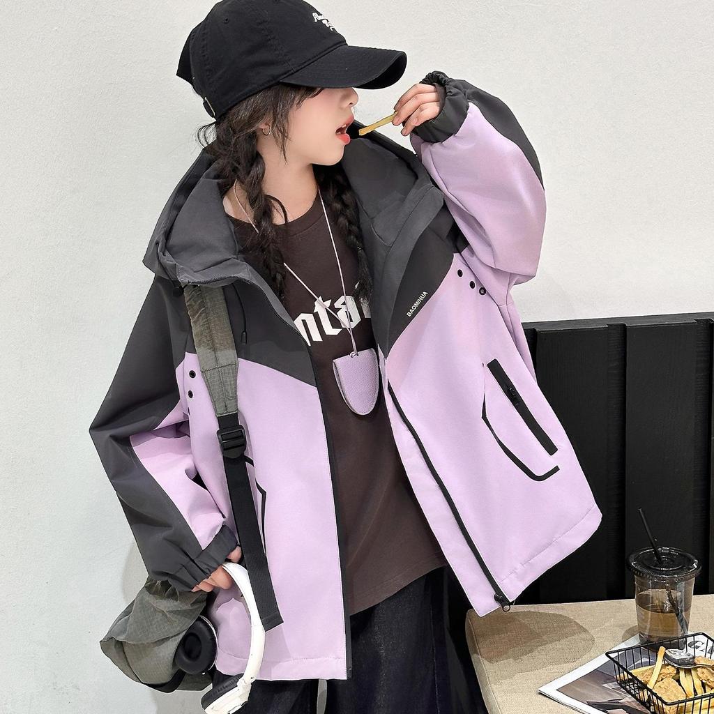 Girls' Color Block Hooded Windbreaker - Casual Spring/Autumn Jacket for Big Kids