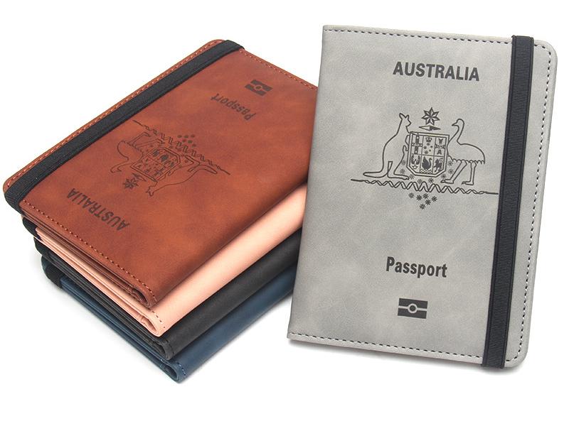 Australian Anti-magnetic Leather Passport Holder with Multi-card Slots and Elastic Band