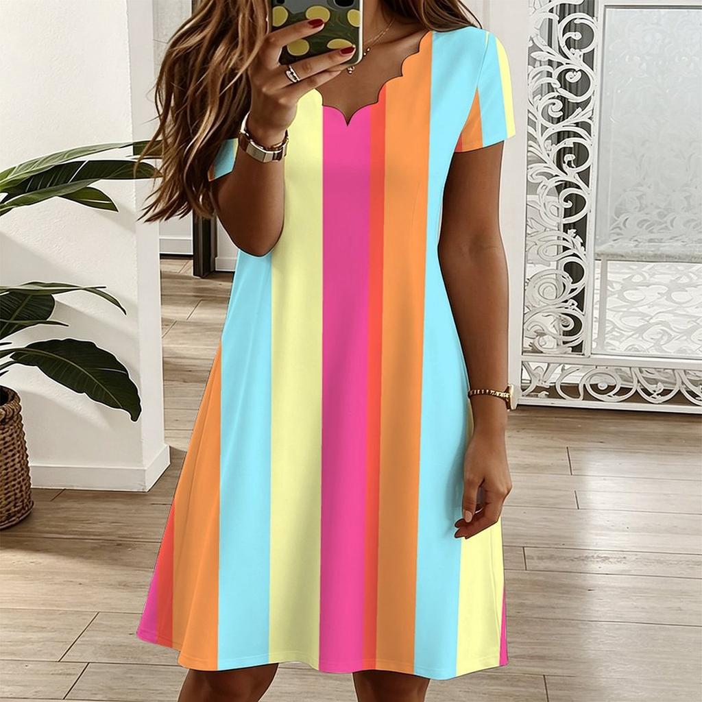 Women V Neck Vivid Blossom Printed Plus Size Summer Short Sleeve Loose Dress