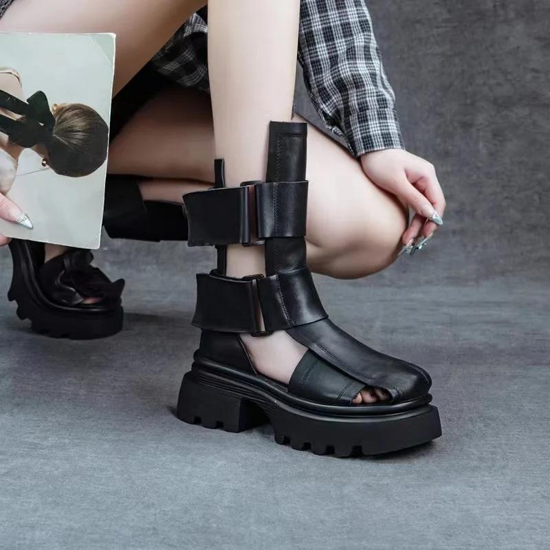 Fashion 6.5CM New Women Gladiator Sandals Summer Thick High Heel Platform Genuine Leather Hollow Roman Sandals Women Mid Calf Cool Boots