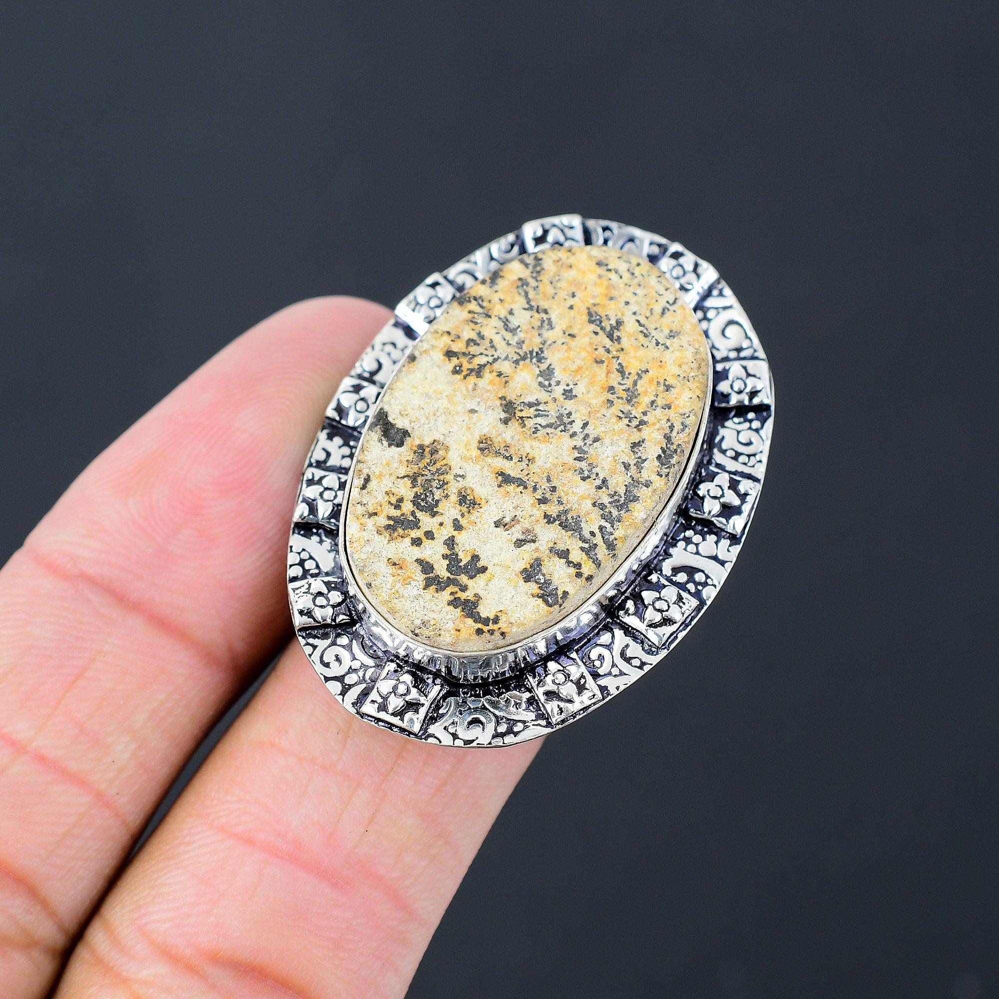 925 Sterling Silver Natural Psilomelane Dendrite Multi Stone Ring Jewelry US 7.5 7.5