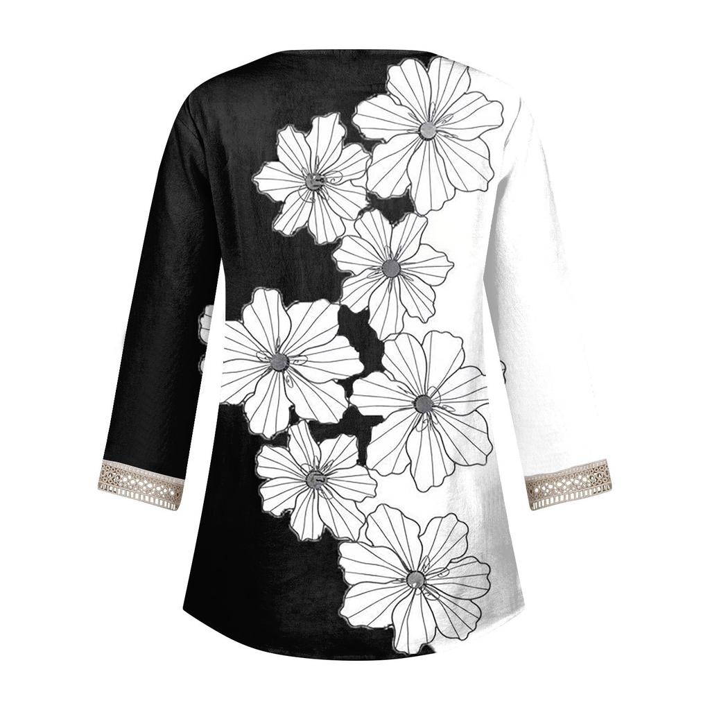 Women's Shirt Blouse Casual Loose Shirts 3/4 Sleeve Lace Trims Print V Neck Tops Print Tops T-shirts