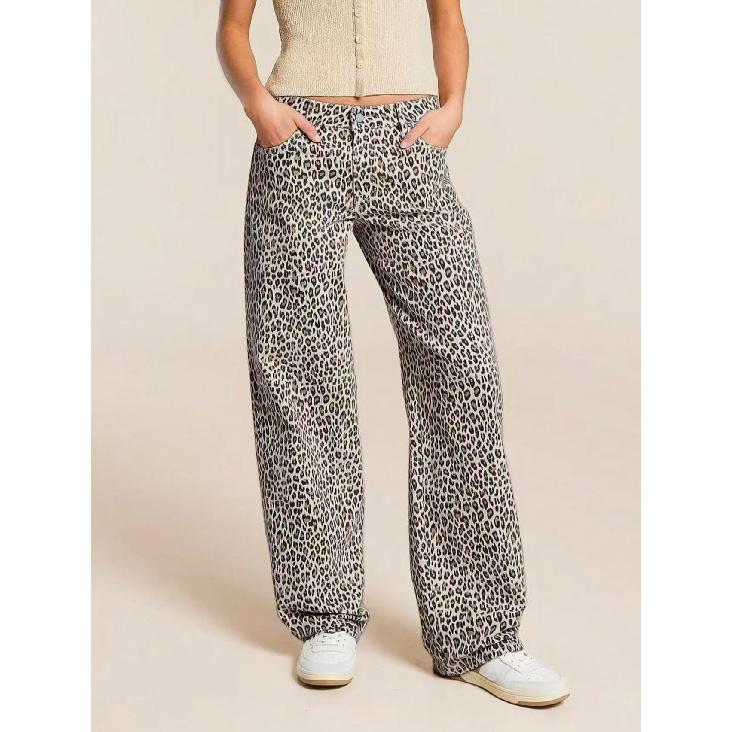 Women s Fashionable Leopard Print Straight-Leg Pants Trendy Casual Jeans for Women S