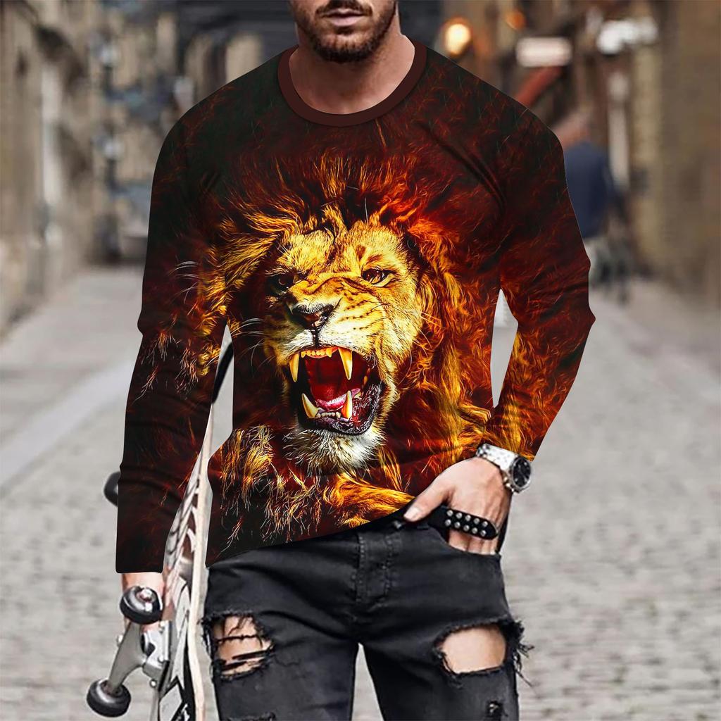 Spring and Autumn Round Neck Animal Lion Pattern 3D Printed Top Fashionable Casual Long Sleeved Men's T-shirts