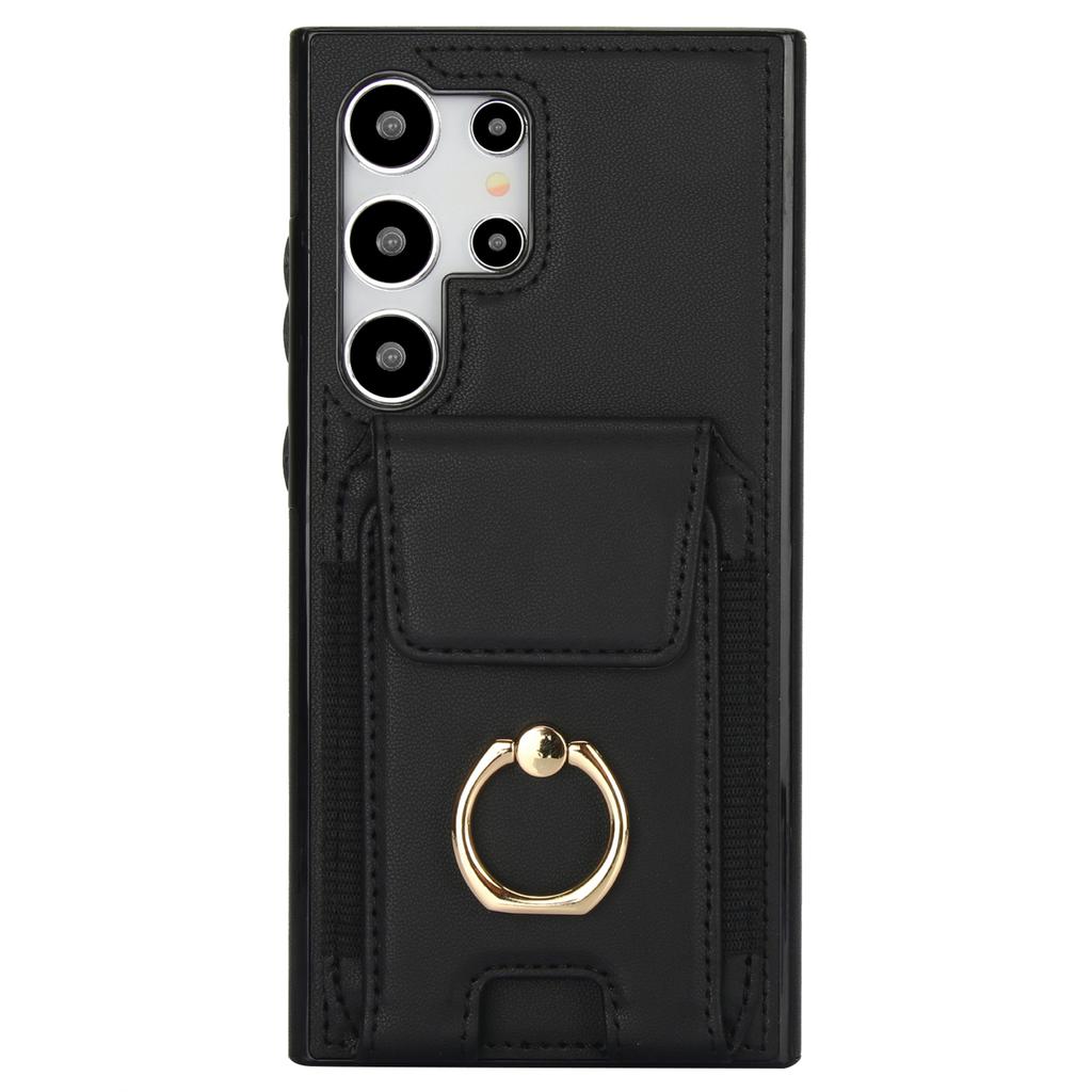 For Samsung Galaxy S24 Ultra Case with Ring Kickstand Leather Coated TPU Phone Cover
