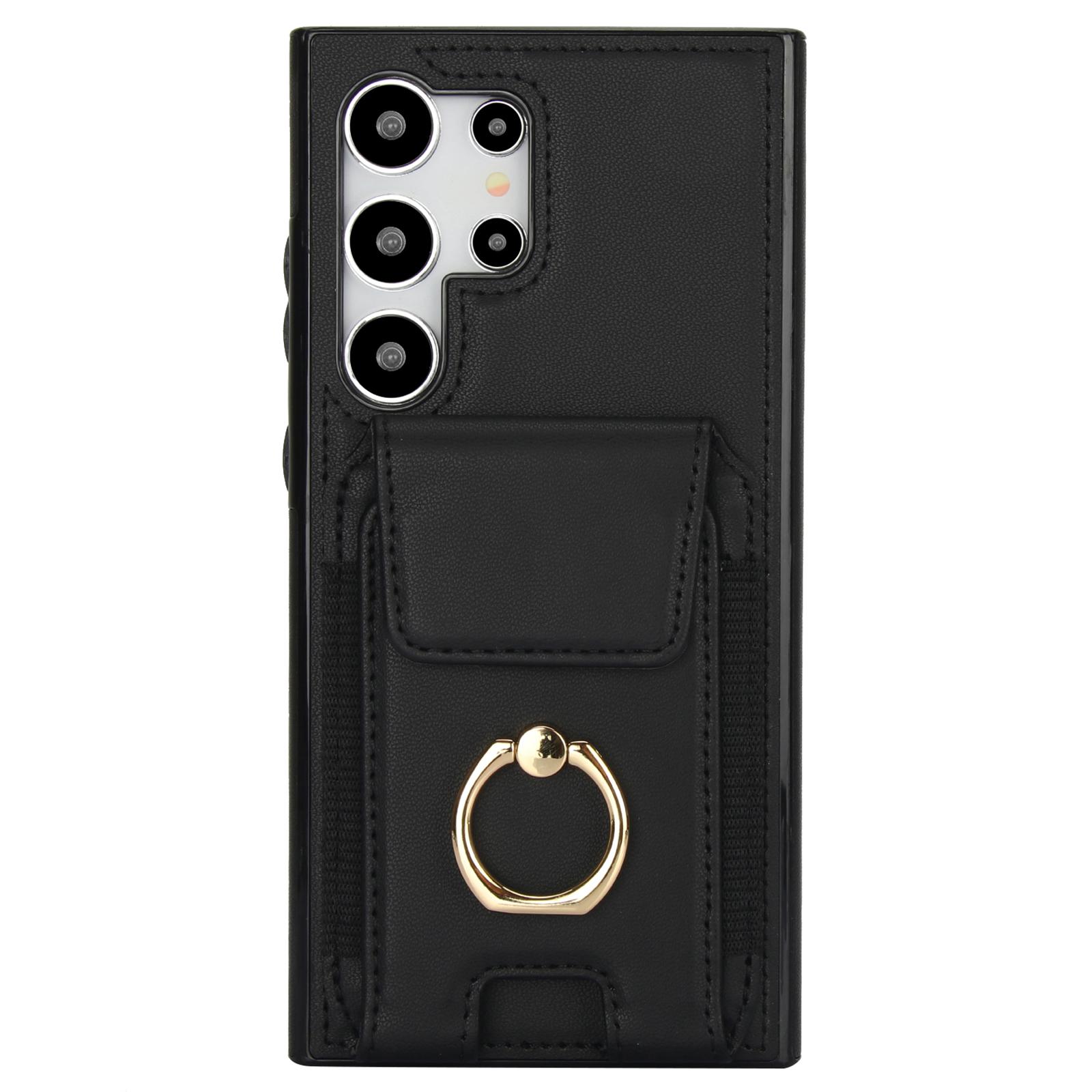 

For Samsung Galaxy S24 Ultra Case with Ring Kickstand Leather Coated TPU Phone Cover Black