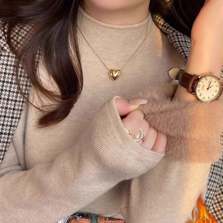 Chu Zhiwen autumn and winter semi-turtleneck integrated mink velvet piled thickened sweater women's versatile warm solid color bottoming shirt women