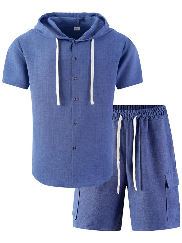 Men's Casual Summer American Style Hooded Short Sleeve Shirt & Shorts Set
