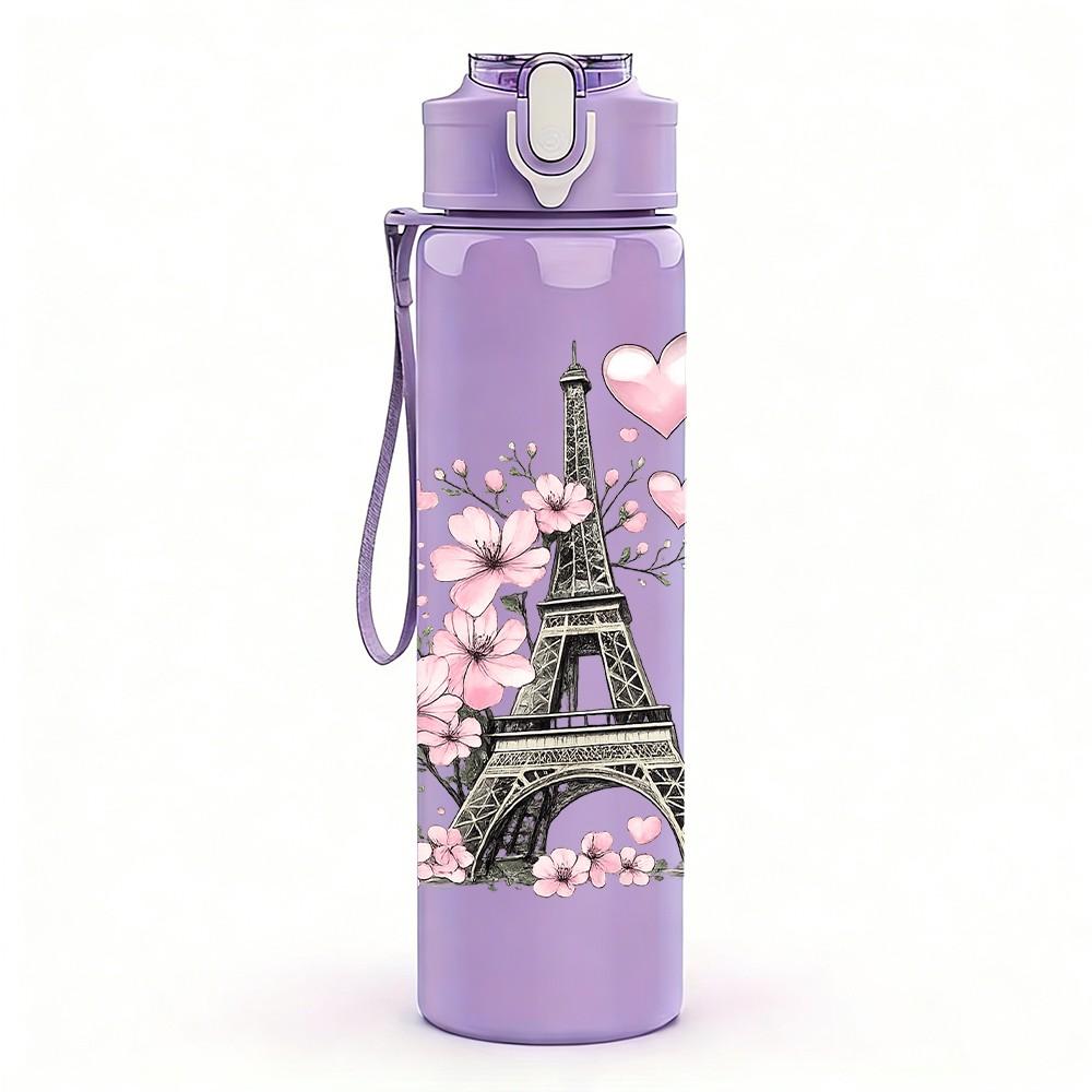 1PC Cherry Blossom Paris Tower Print 750ml Color Plastic Sports Water Bottle Leakproof Flip Straw Lid Suitable for Sports Office Home Use