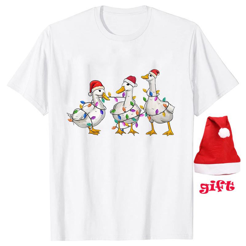 Funny Duck Christmas Print Tops Fashion Women Firends Xmas Party Tees Graphic Tops with Christmas Hats Female Clothing T-shirt