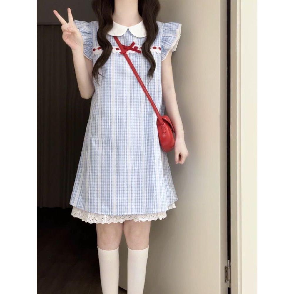 Japanese gentle and sweet small man college style design wide small flying sleeve dress women's loose age-reducing doll collar splicing
