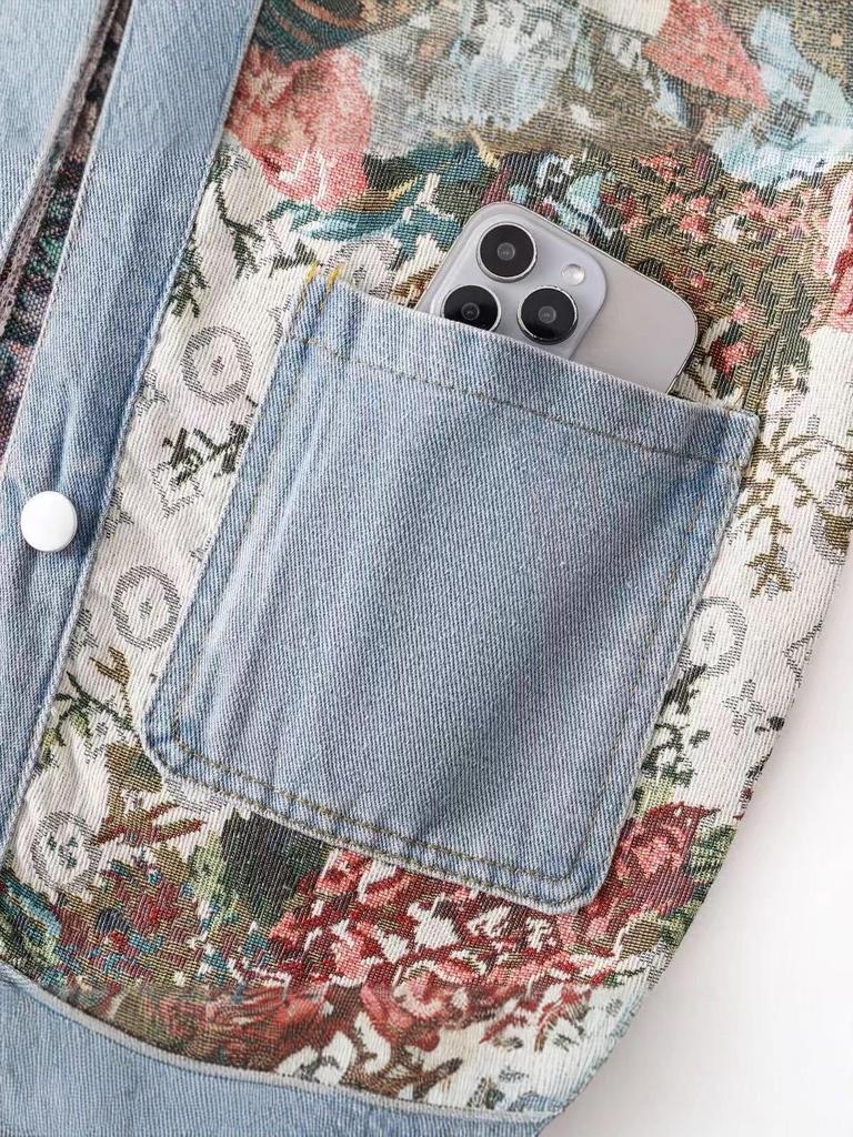 2025 Spring Petite Women's Versatile Patchwork Long Sleeve Denim Jacket