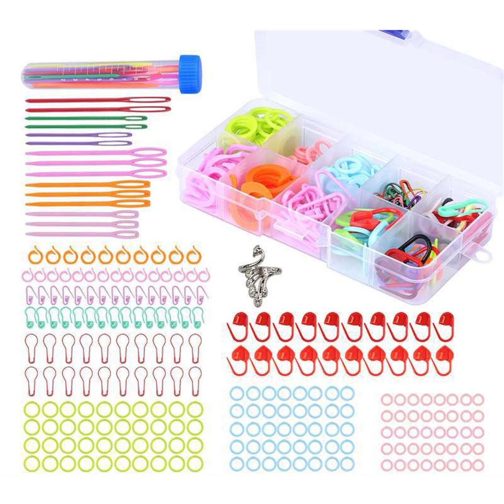 Multi-Color Knitting Markers and Crochet Accessories Including Stitching Marker Rings Big Eye Needle and Safety Pins