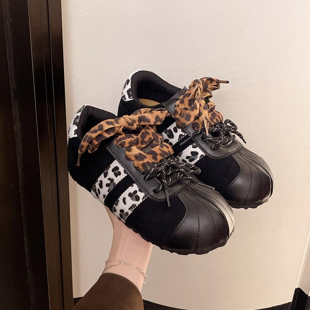 South Korea's Q Version of Ugly and Cute Leopard Print German Training Shoes Women's Autumn 2025 New Inner Height Increase 5cm Color Matching Niche