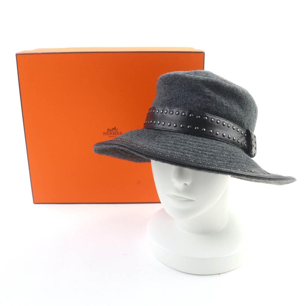 Excellent HERMES hat Leather trim with studs Gray black cashmere Women 57 Used