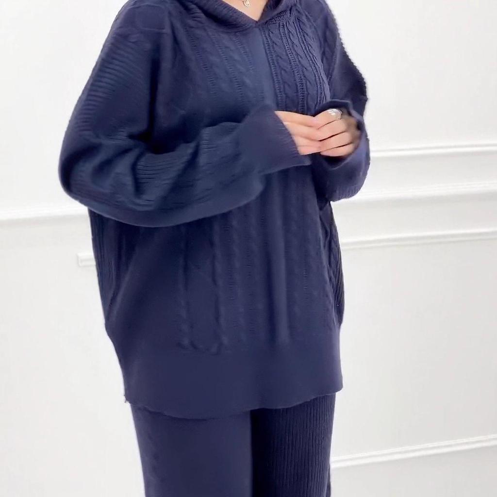 2025 Autumn Women's Versatile Hooded Knit Sweatshirt and Loose Long Pants Set