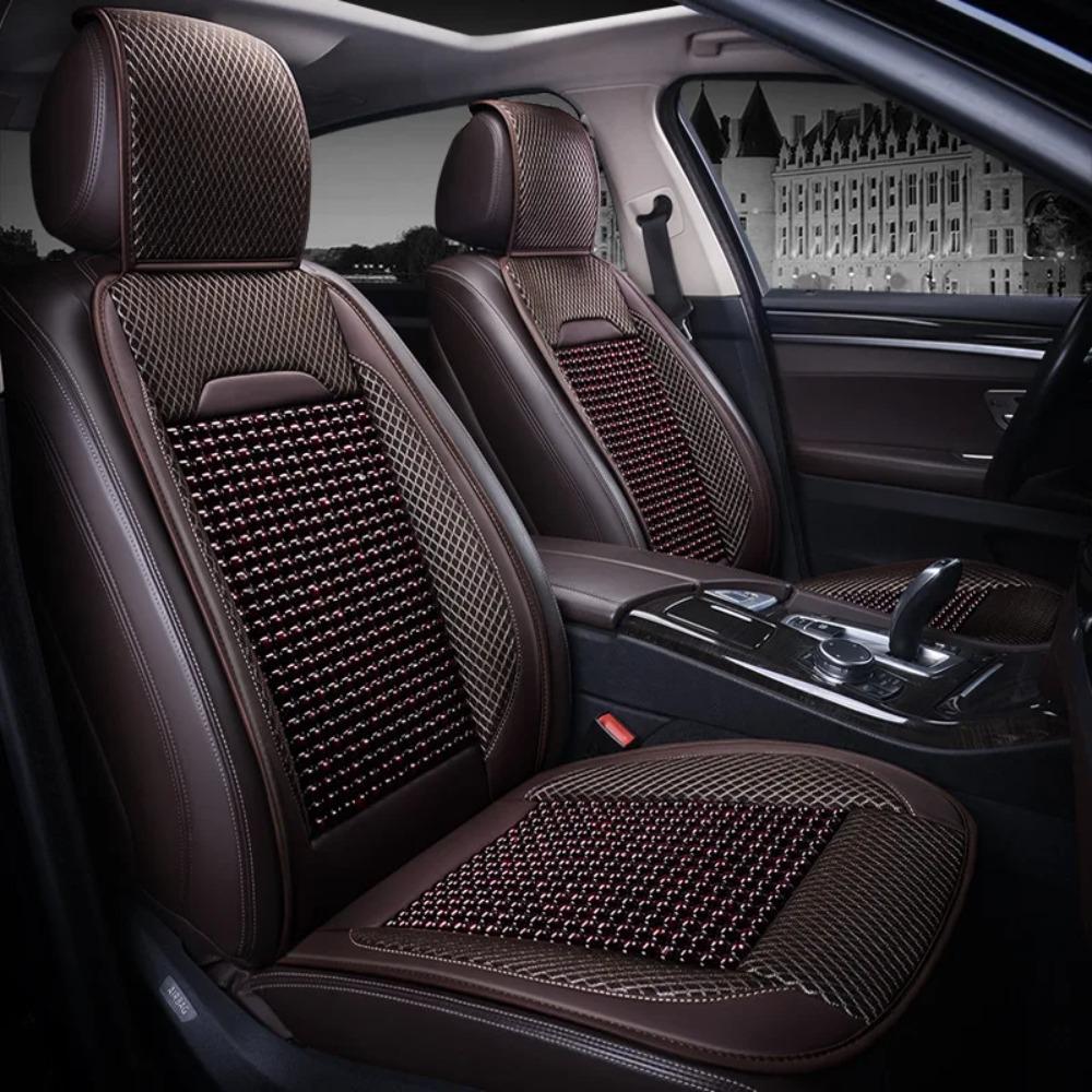 Luxury PU Leather & Wooden Bead Car Seat Cushion – Breathable, Durable & Easy-Clean – Fits Most Cars, Trucks, and SUVs