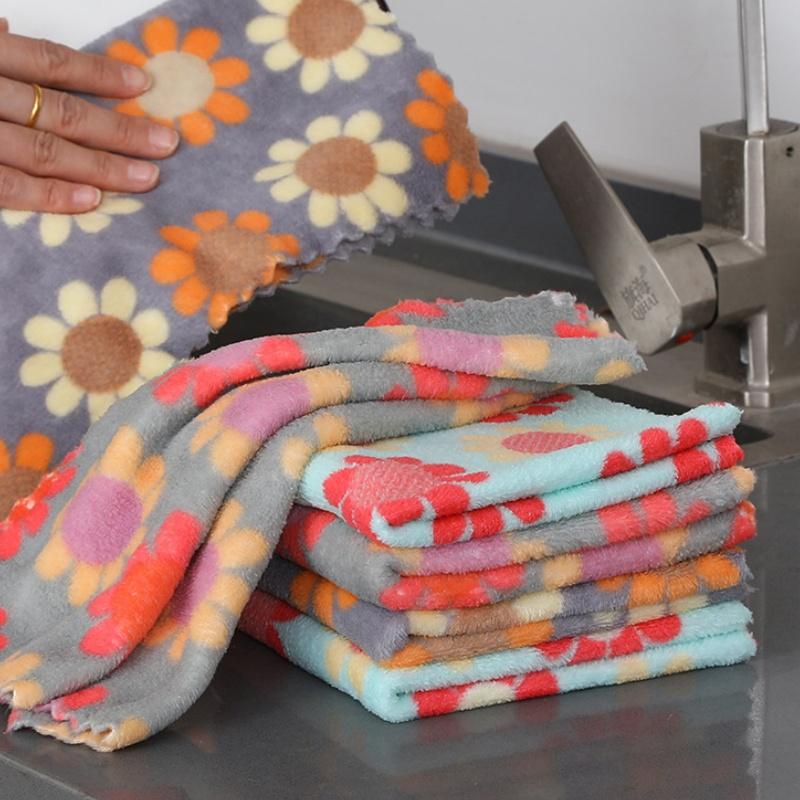 New 5/10Pcs Kitchen Cleaning Cloths Soft Absorbent Dishcloth Coral Fleece Sunflower Wiping Towel Rags Household Cloth