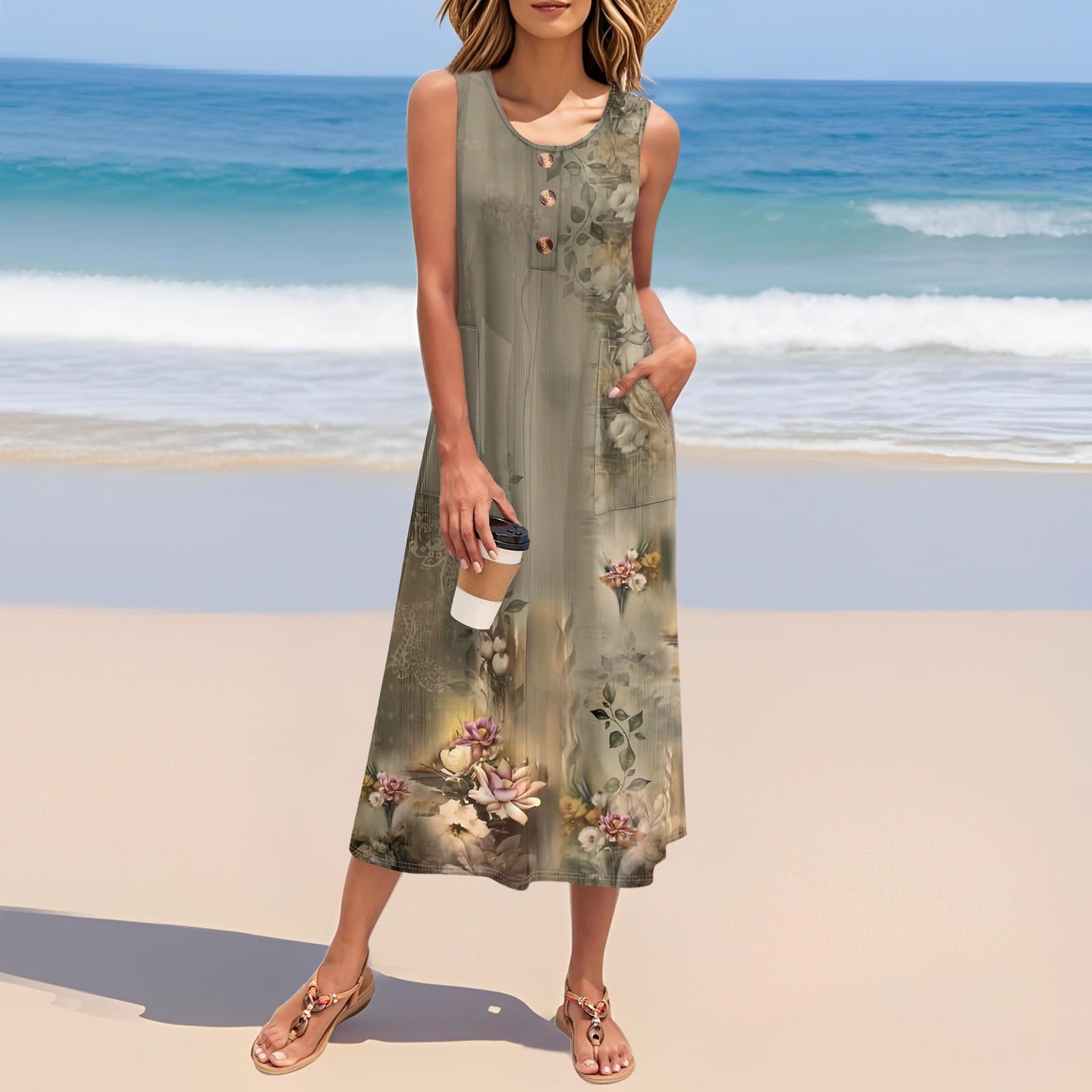 

Женское летнее платье с цветочным принтом без рукавов на пуговицах, повседневный свободный длинный пляжный сарафан XXL