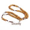 Cross Rosary Necklace with Handmade Knotted 9x10 Wooden Beads in Coffee Color
